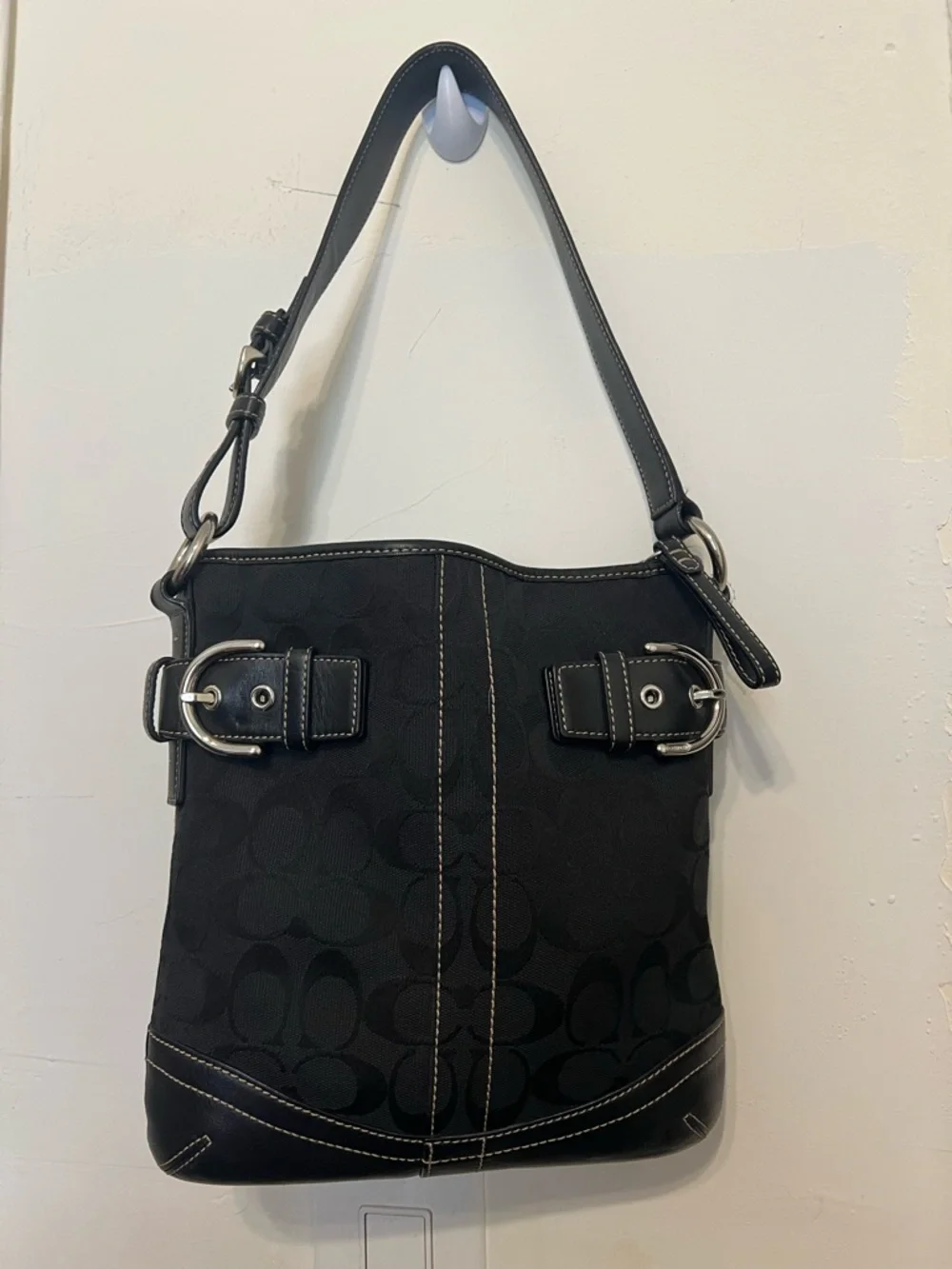 Coach Black Signature Jacquard Shoulder Bag with Buckle Accents